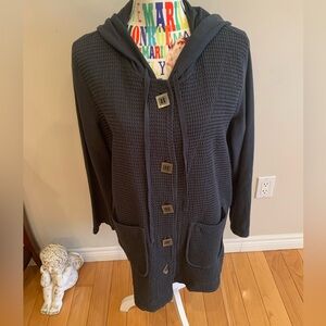 Blue Hooded 100% Cotton Waffle Knit Jacket with Square Button Details